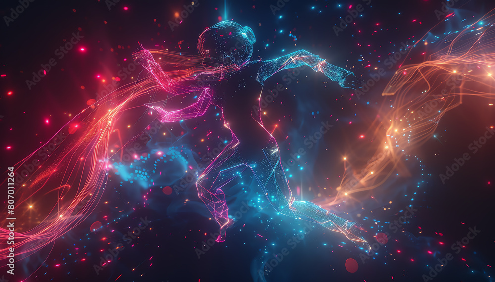Capture a breathtaking long shot of a dancer intertwined with futuristic holographic technology