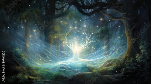 Whispering wisp enchantress watercolor illustration - Generative AI. Girl, enchantress, woods, glowing, light. photo