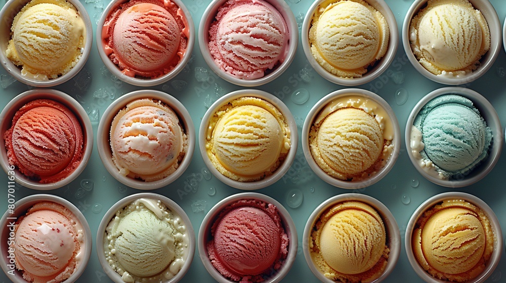 Colorful ice creams in white bowls on a blue background with water droplets Colorful ice creams in white bowls on a blue background with water droplets