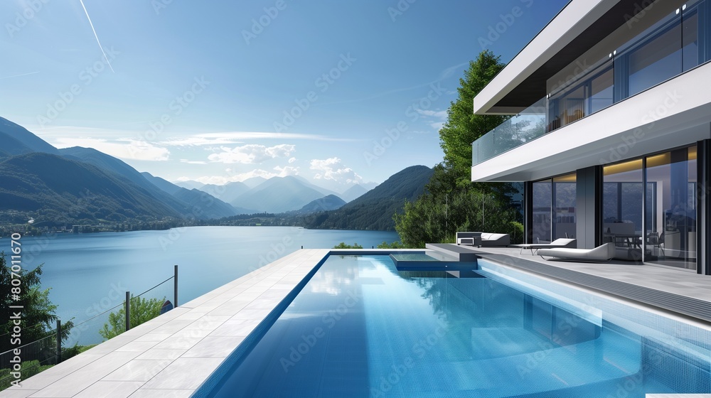 Modern home's infinity pool merges seamlessly with a lake backdrop, side view showcased.