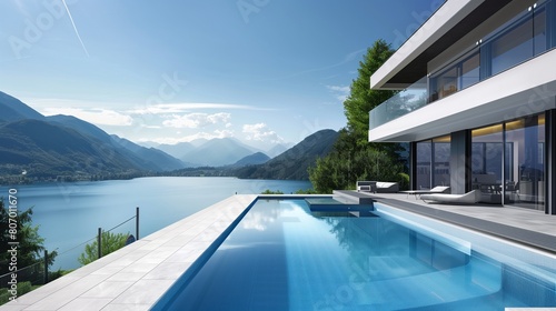 Modern home's infinity pool merges seamlessly with a lake backdrop, side view showcased. © Faisal Ai