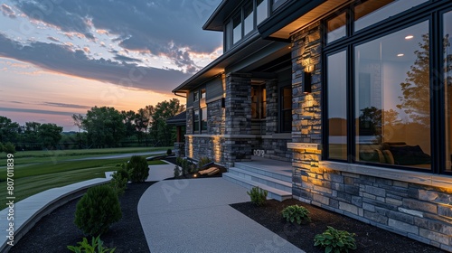 Side angle of a Modern Suburban Craftsman at dawn, with a warm glow on stone details.