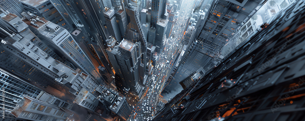 Capture a high-angle view of a dystopian cityscape Capture a high-angle view of a dystopian cityscape