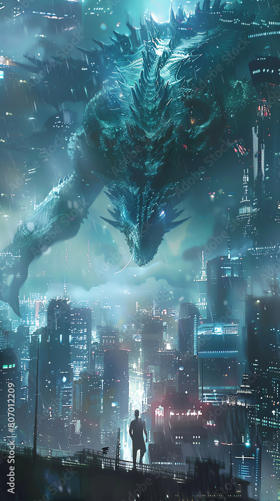Capture a majestic, low-angle view of mythical folklore creatures, seamlessly blended into a futuristic cityscape Play with unexpected camera angles to evoke mystery and awe Capture a majestic, low-angle view of mythical folklore creatures, seamlessly blended into a futuristic cityscape Play with unexpected camera angles to evoke mystery and awe