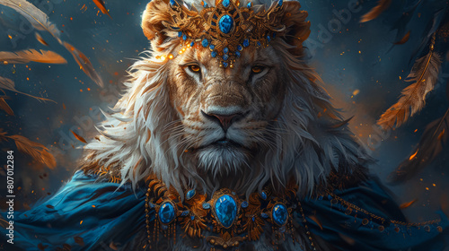 Majestic lion with a regal crown of feathers, draped in a silk cape