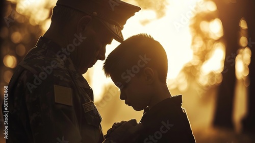 Soldier and young boy standing together, heads bowed, at a Memorial Day photo