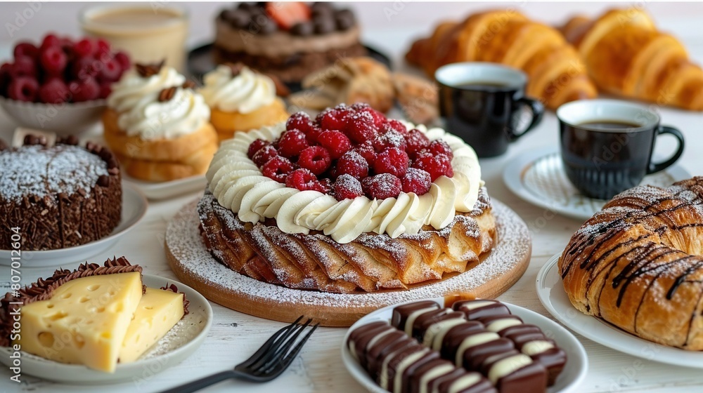 A collection of desserts and pastries on a table with a cup of coffee and croissants A collection of desserts and pastries on a table with a cup of coffee and croissants