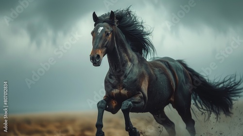 A horse is running in the dirt with its mane flying in the wind