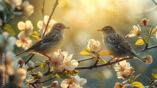 Two birds are perched on a branch of a tree with pink flowers © Chayan