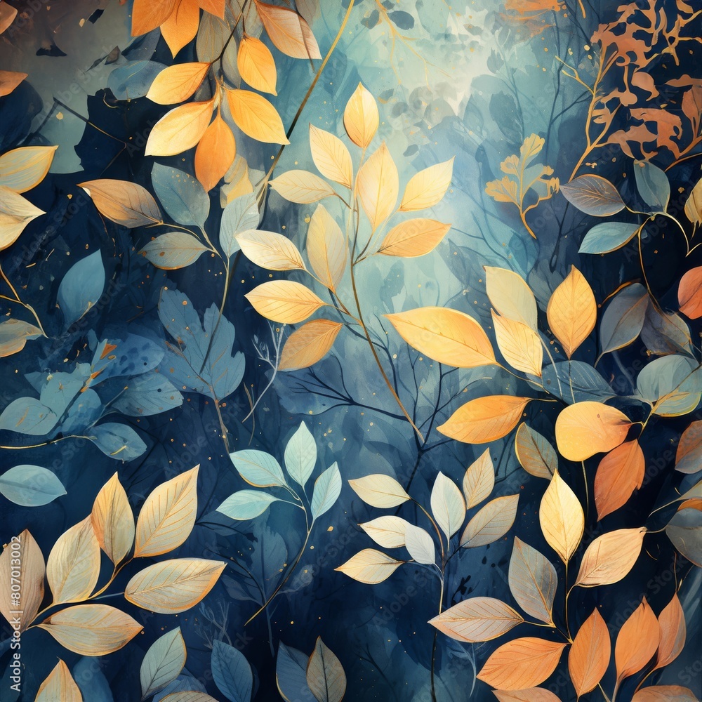 Oil canvas painting of Autumn leaves in forest Gold and Royal blue Theme Oil canvas painting of Autumn leaves in forest Gold and Royal blue Theme