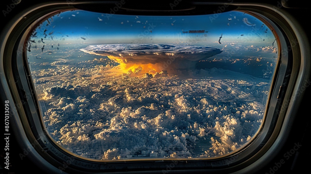 Fototapeta premium Aerial view of a cloud-filled sky with a prominent object in its center