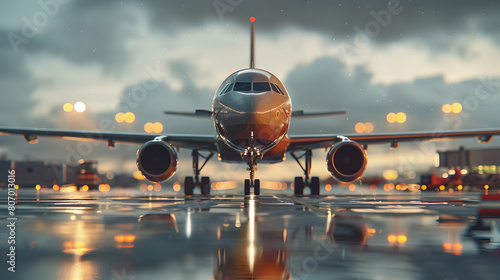 Close up of airplane pushback crew preparing aircraft for runway taxiing, emphasizing teamwork and precision on the ground in photorealistic style   aviation industry concept photo
