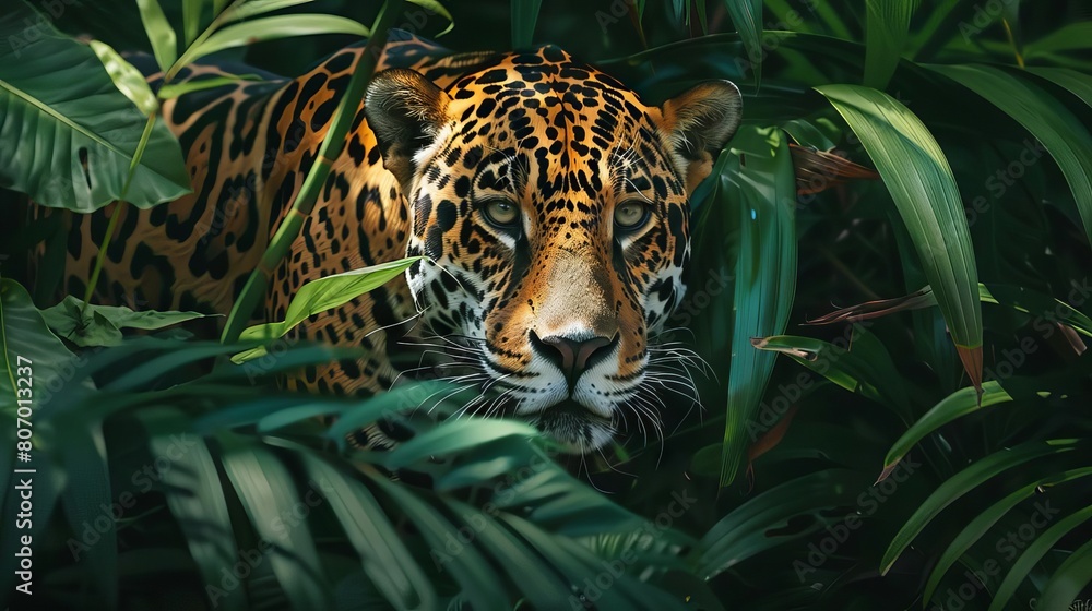 A jaguar emerging from dense rainforest foliage, its spotted coat catching dappled sunlight A jaguar emerging from dense rainforest foliage, its spotted coat catching dappled sunlight