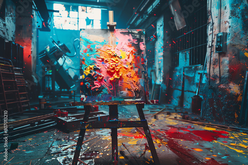 Capture the essence of a famed painters studio in a dystopian future Show chaotic splatters of neon paint on an antique easel photo