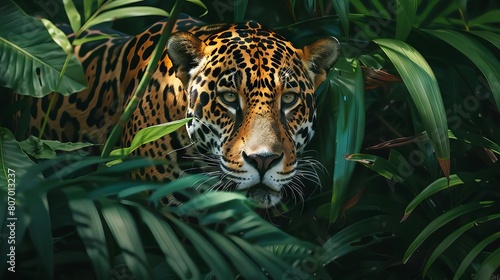 A jaguar emerging from dense rainforest foliage, its spotted coat catching dappled sunlight © Preyanuch