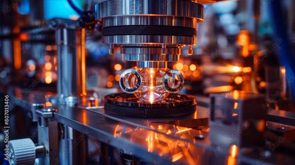 A machine is making a glass object with a glowing center A machine is making a glass object with a glowing center