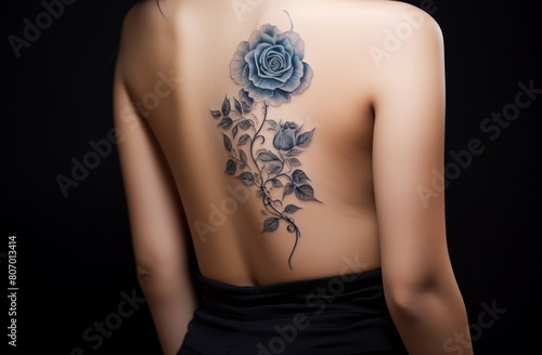 the allure of body art with a rose tattoo design adorning a woman s skin  exuding a hint of sensuality against a dark backdrop.