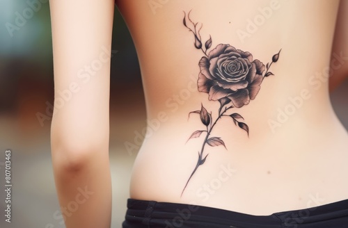 the allure of body art with a rose tattoo design adorning a woman's skin, exuding a hint of sensuality against a dark backdrop. photo