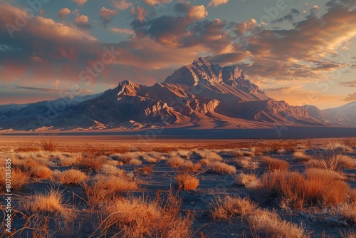 A mountain range is in the background of a desert landscape photo
