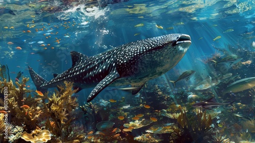 A massive whale shark gently filtering plankton near a coral reef, allowing divers to observe