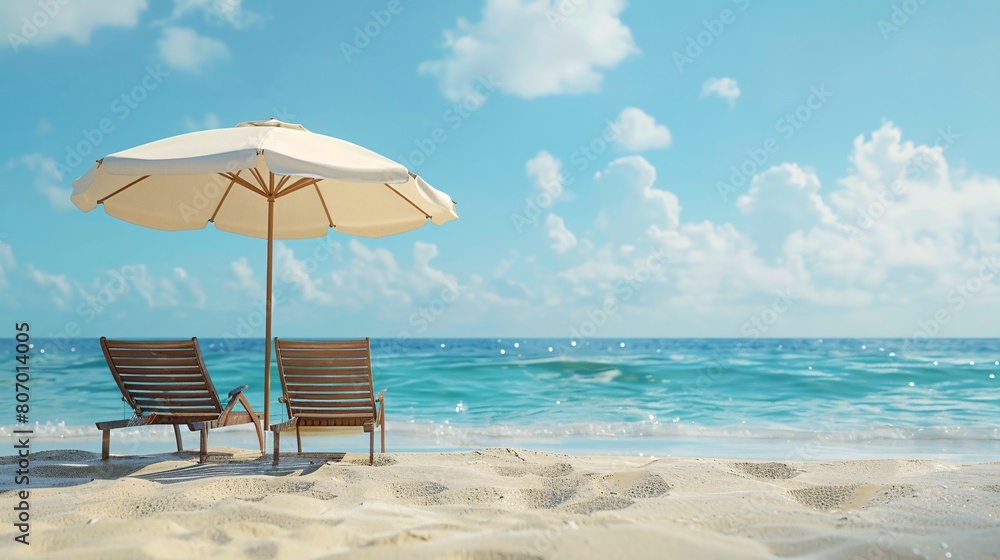 Umbrella with chairs on sand, beach scene. Summer vacation concept.