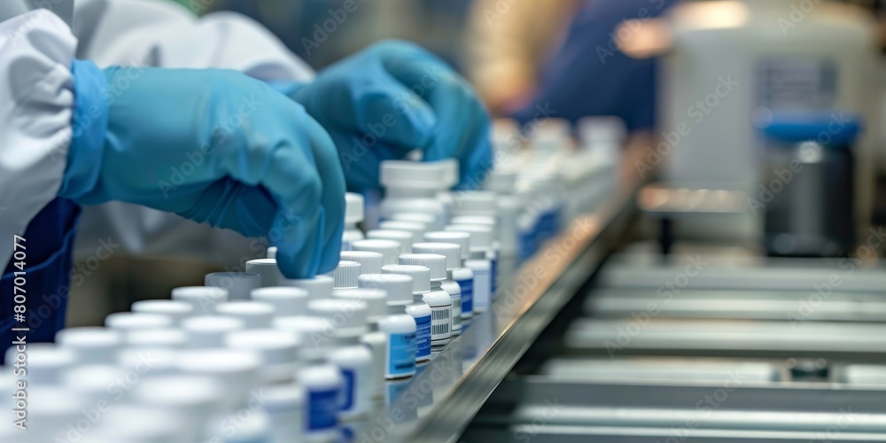 Focused Pharmaceutical Technician Inspecting Medication Bottles on Production Line, Drug Safety, Quality Assurance, Laboratory Work Focused Pharmaceutical Technician Inspecting Medication Bottles on Production Line, Drug Safety, Quality Assurance, Laboratory Work
