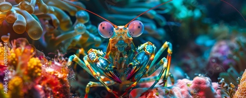 A mesmerizing peacock mantis shrimp displaying its vibrant colors while hunting in coral