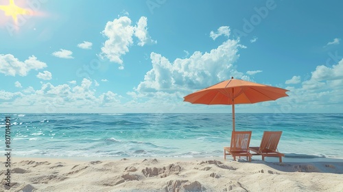 Umbrella with chairs on sand, beach scene. Summer vacation concept.