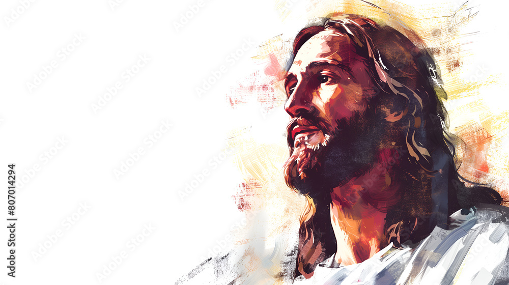 Fototapeta premium Beautiful watercolor illustration of Jesus Christ in a white background with copy space 