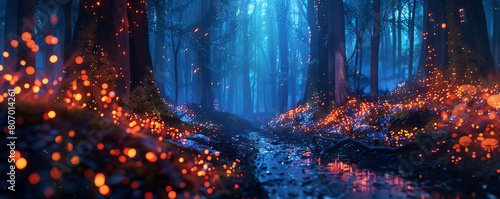 Capture the hypnotic allure of a Bioluminescent Forest Party through unconventional camera angles Create a sense of mystery and adventure with unexpected perspectives Experiment wi photo