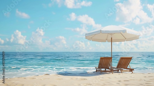 Umbrella with chairs on sand  beach scene. Summer vacation concept.