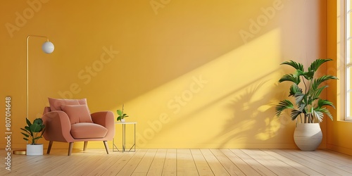 Fototapeta Naklejka Na Ścianę i Meble -  Modern wooden living room with an orange armchair on empty yellow wall background,Minimal room- 3D rendering