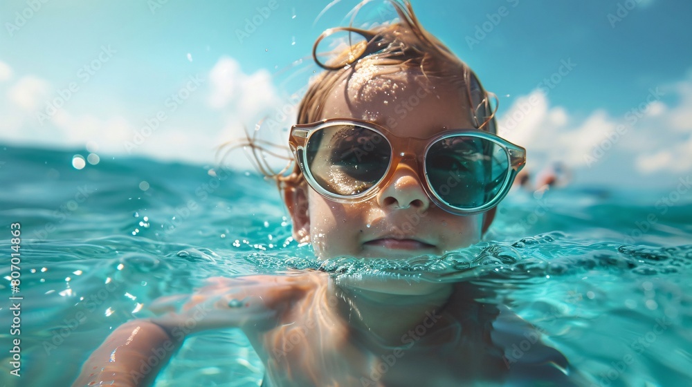 A playful child in sunglasses swimming in the sea. Joyful summer vibes