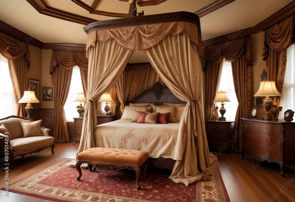 A luxurious and ornate bedroom with a large four-poster bed, antique furniture, and elaborate curtains and decor. The room has a warm, traditional and opulent feel. A luxurious and ornate bedroom with a large four-poster bed, antique furniture, and elaborate curtains and decor. The room has a warm, traditional and opulent feel.