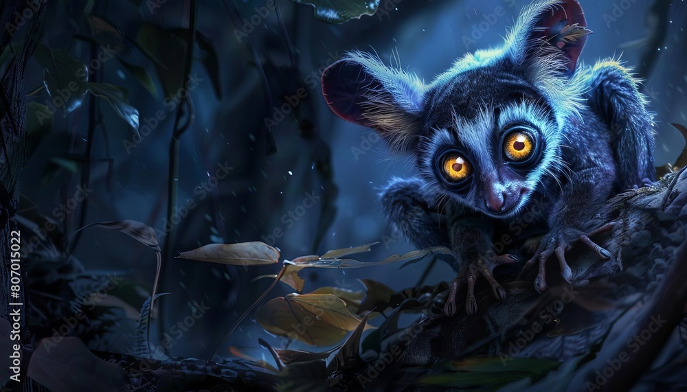 A mystical ayeaye foraging at night, its large eyes glowing in the moonlight A mystical ayeaye foraging at night, its large eyes glowing in the moonlight