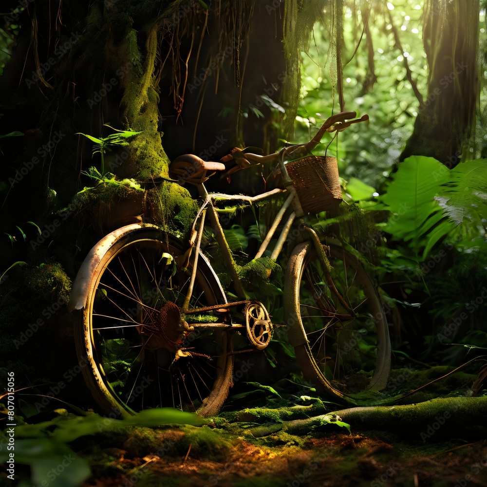 3D Rusty Old Vintage Bike Abandoned in jungle. Green trees, Environment pollution