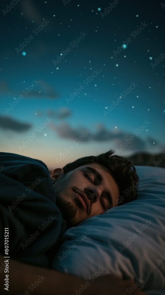 A man peacefully rests in bed under a starry night sky A man peacefully rests in bed under a starry night sky