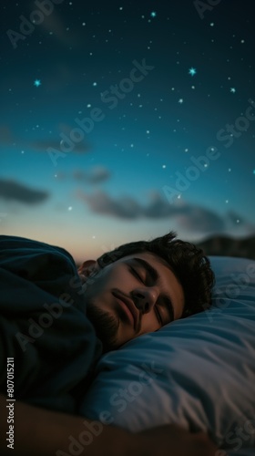 A man peacefully rests in bed under a starry night sky