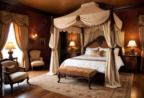  A luxurious and ornate bedroom with a large four-poster bed, antique furniture, and elaborate curtains and decor. The room has a warm, traditional and opulent feel. © doramedya