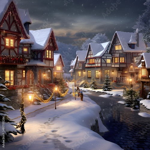 Winter night in the village. Christmas landscape with houses. 3d rendering