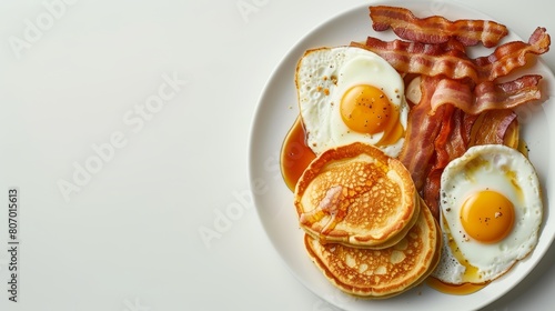 Detailed top view portrait of a hearty American breakfast featuring eggs  pancakes  bacon  and toast  presented on a pristine white background with ample space for text