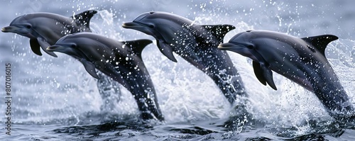 A playful dolphin pod racing each other, leaping out of the water in perfect unison photo