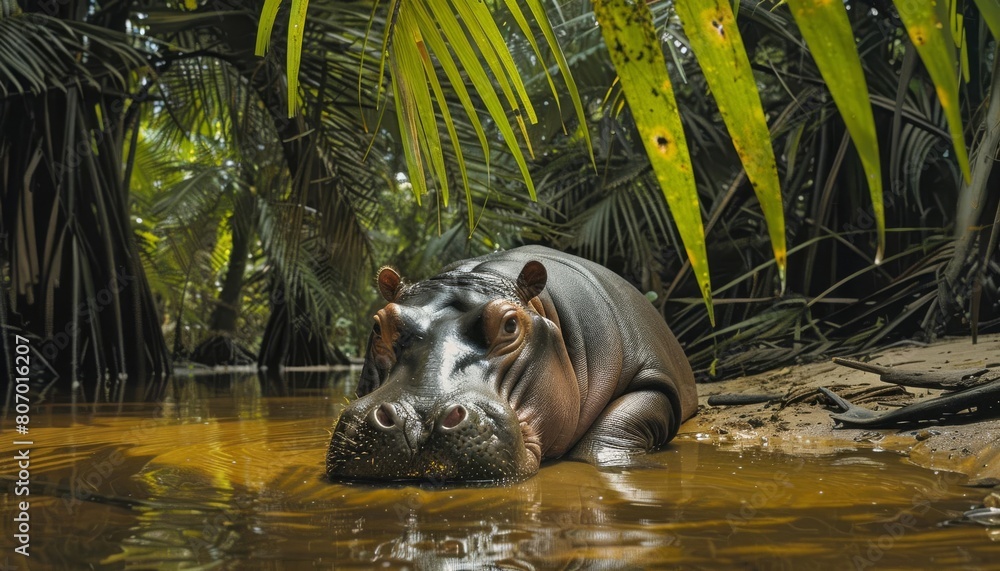 Fototapeta premium A pygmy hippo basking in a shallow riverbed under the rainforest canopy