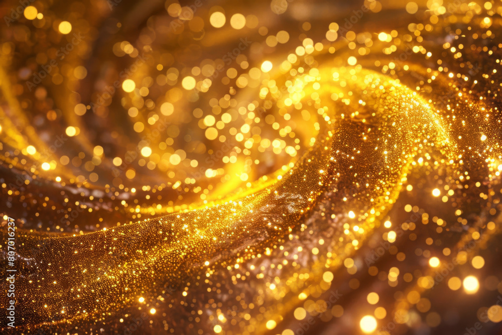 Abstract background featuring a swirling pattern of golden glitter, sparkling with light and bokeh, perfect for festive occasions, luxury branding, or creative design elements Abstract background featuring a swirling pattern of golden glitter, sparkling with light and bokeh, perfect for festive occasions, luxury branding, or creative design elements