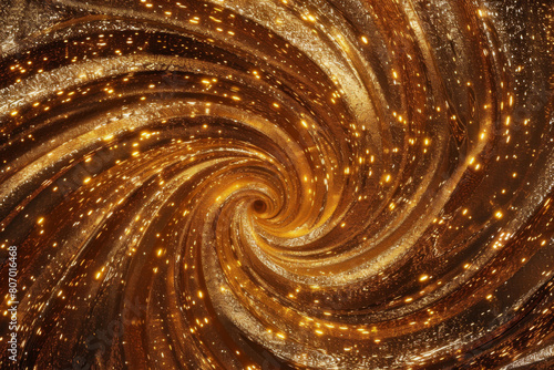 Abstract golden glitter spiral background with shimmering particles forming a textured vortex, perfect for festive and luxury design elements in high-resolution
