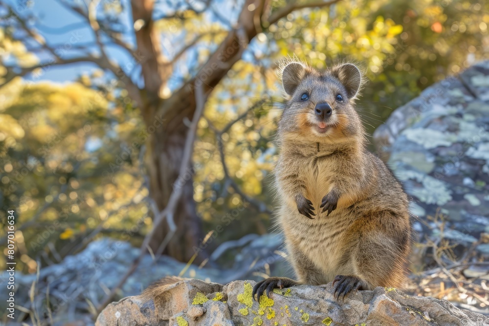 Obraz premium A quokka with a bright smile posing for a photo on a rocky outcrop in Western Australia