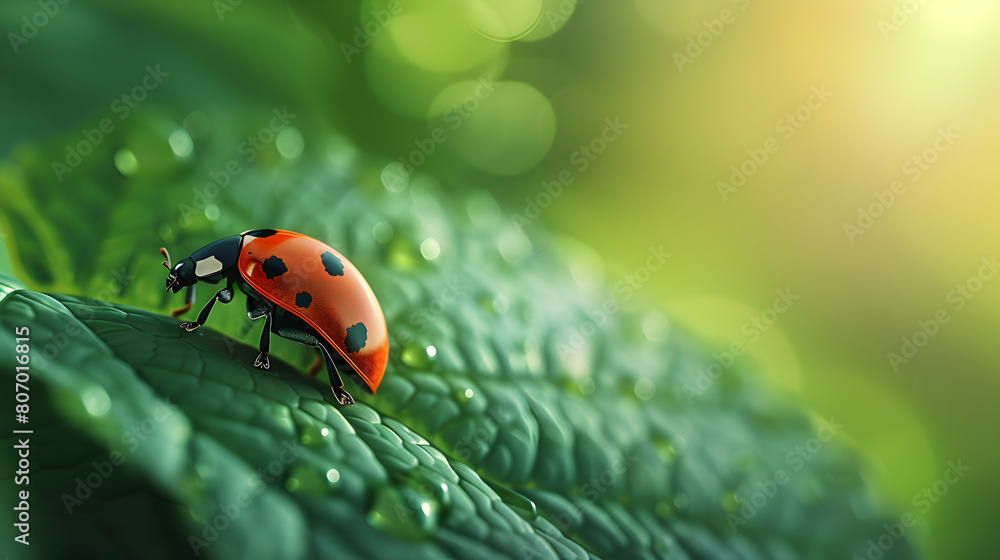 Photo realistic as Close up of a ladybug on a leaf concept as A vivid close up of a ladybug crawling on a leaf highlighting its bright colors against the green backdrop Photo realistic as Close up of a ladybug on a leaf concept as A vivid close up of a ladybug crawling on a leaf highlighting its bright colors against the green backdrop