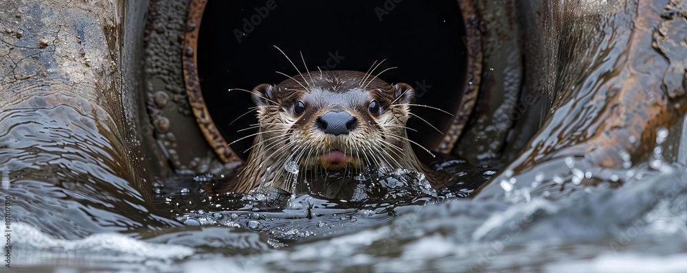 A river otter playfully swimming in a citys storm drain, emerging occasionally to explore A river otter playfully swimming in a citys storm drain, emerging occasionally to explore