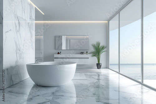 Marble countertops and high-end fixtures in modern bathroom.