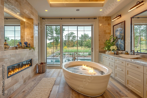 Modern bathroom features freestanding tub and fireplace area.